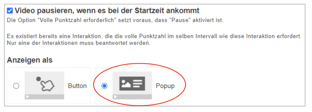 Screenshot der Einstellungen für die Interaktion: Video pausieren ist angehakt sowie Popup