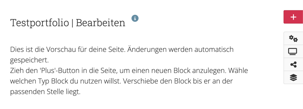 ein leeres Portfolio mit dem Menü zum Hinzufügen von Inhalten und Teilen rechts