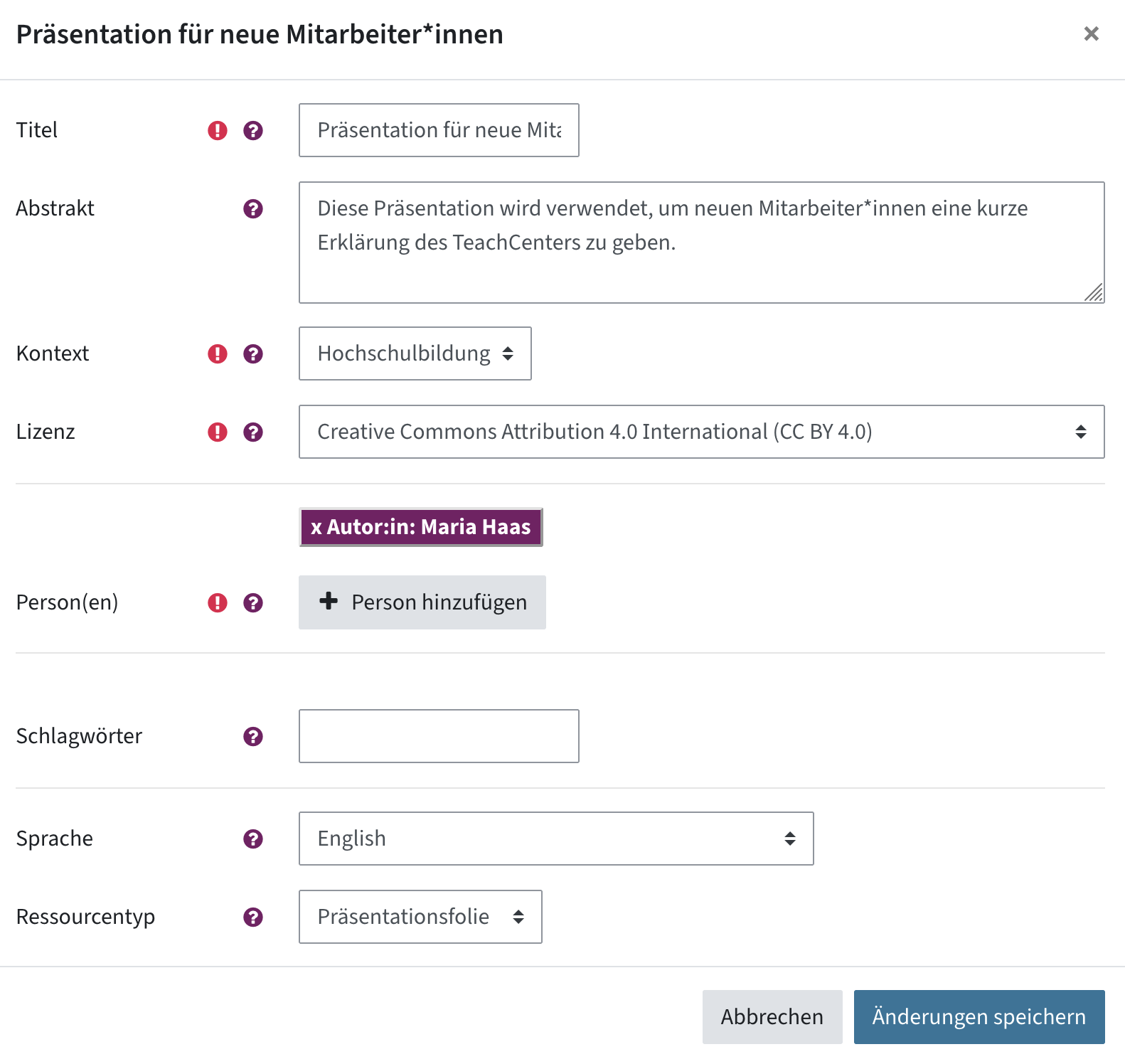 Metadaten bestehen aus Titel, Abstrakt, Kontext, Lizenz, Person(en), Schlagwörter, Sprache, Ressourcentyp. Ganz unten sind die Buttons Änderungen speichern oder Abbrechen.