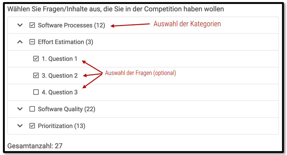 Hier sieht man die Auswahl der Kategorien innerhalb einer Competition, die man treffen muss. Optional kann man auch Fragen auswählen (was hier in der Kategorie "Effort Estimation" demonstriert wird).