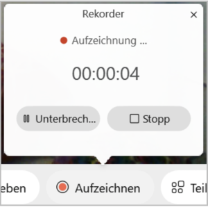 Menü "Aufzeichnen" um Konferenzaufzeichnung zu stoppen oder zu unterbrechen. Man sieht auch, wie lange die Aufzeichnung schon läuft.