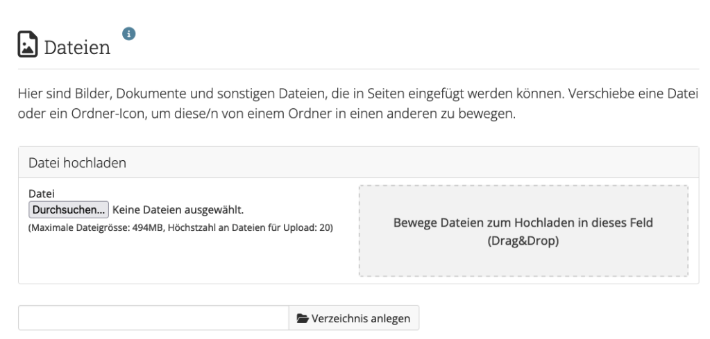 Dateien-Menü zum Upload von Dokumenten, Bildern für Portfolios