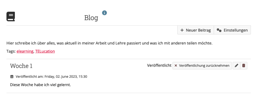 Persönlicher Blog in Mahara mit einem Eintrag