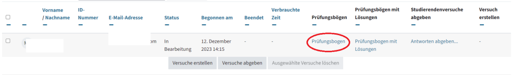 Hier sieht man eine Tabelle. Nachdem man einen Test für eine:n Studierende:n erzeugt hat, kann man hier den Prüfungsbogen (hier rot markiert) sehen und öffnen.