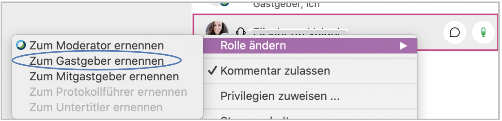 Schaltfläche um neuen Gastgeber zu ernennen - Rolle Ändern - zum Gastgeber ernennen