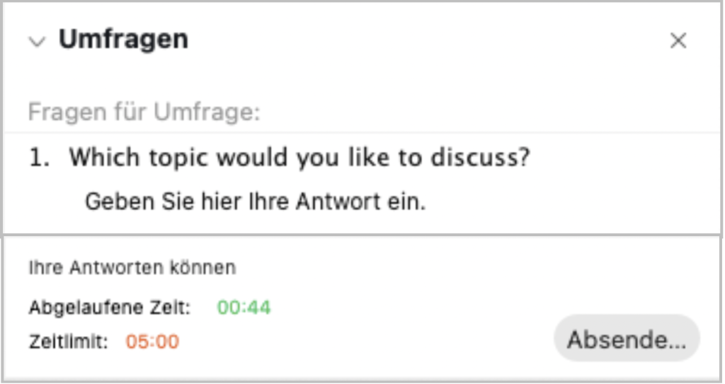 Beispielsumfrage mit der Frage, EIngabefeld für Antworten, abgelaufene Zeit, Zeitlimit und Absende-Button