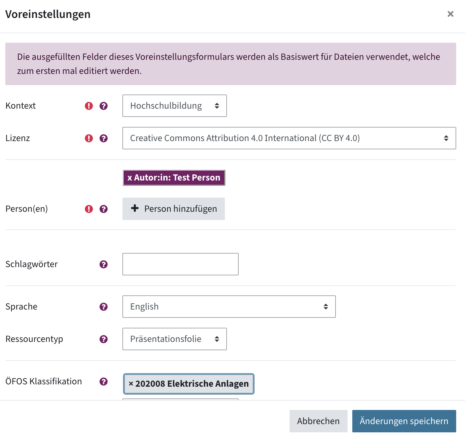 Voreinstellungen können aus Kontext, Lizenz, Person(en), Tags, Sprache, Ressourcentyp und ÖFOS bestehen. Unten sind die Buttons speichern und Abbrechen