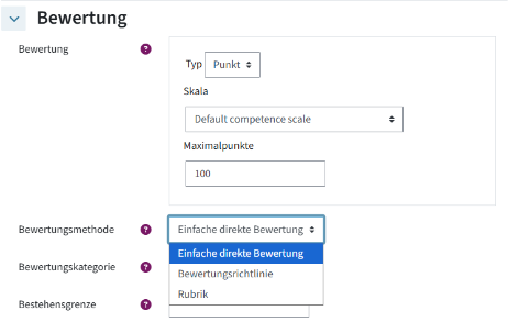 Im Menü "Bewertung" wird neben "Bewertungsmethode" ein Dropdown-Menü aufgeklappt. Dort stehen "Einfache direkte Bewertung", "Bewertungsrichtlinie" und "Rubrik" zur Auswahl.