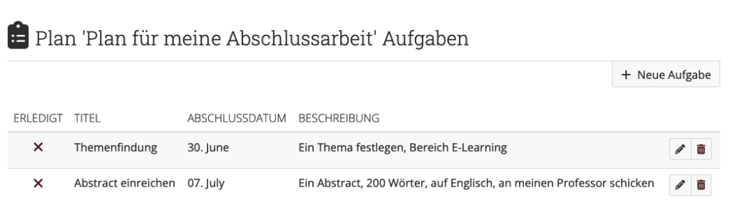 Aufgaben innerhalb eines Plans als To-Do-Liste