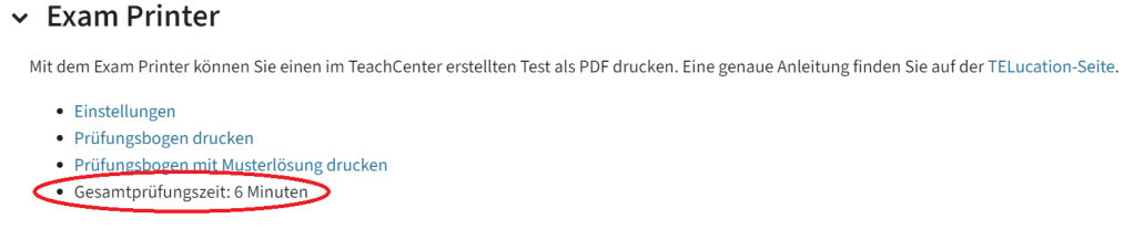 Hier sehen Sie die Einstellungen des Exam Printers, mit der Gesamtprüfungstext angezeigt und markiert.