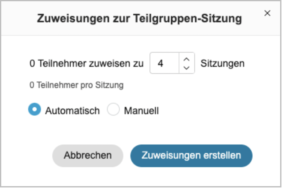 Screenshot Einstellungen zu Teilgruppen-Sitzungen. Man kann hier auswählen, wie viele Sitzungen erstellt werden und ob Teilnehmende automatisch oder manuell zugewiesen werden.