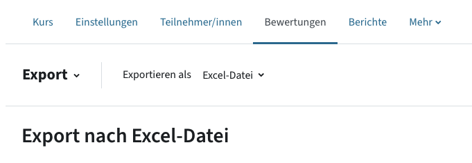 Menüpunkt Bewertungen - Export - Export als Excel-Datei ist ausgewählt