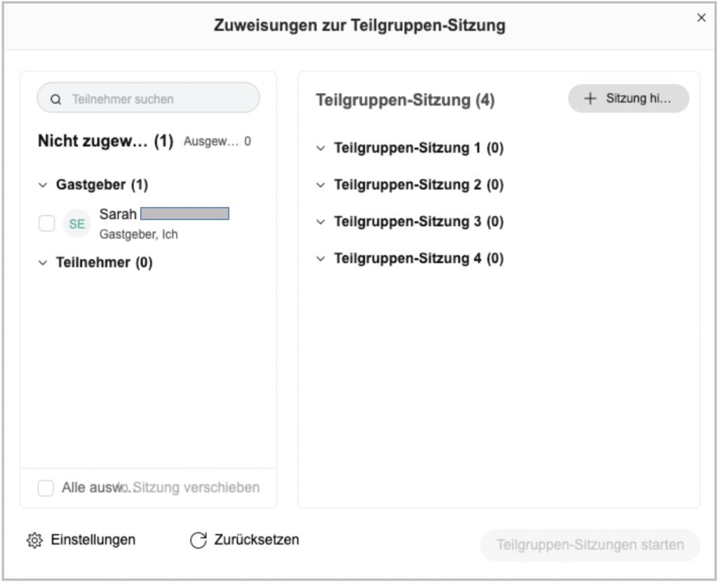Übersicht der Zuweisungen zur Teilgruppen-Sitzung. Man sieht rehts alle offenen Teilgruppensitzungen, links alle Teilnehmenden, die man zuweisen kann.