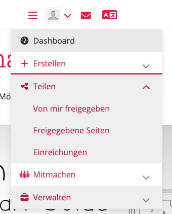 Teilen-Menü zum Freigeben oder finden von Portfolios