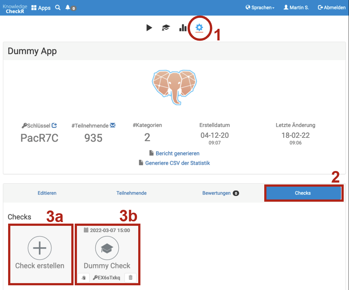 App-Administration: Zahnrad ist ausgewählt; unter dem Reiter "Checks" befinden sich bereits bestehende Checks sowie ein Block zum Erstellen eines Checks