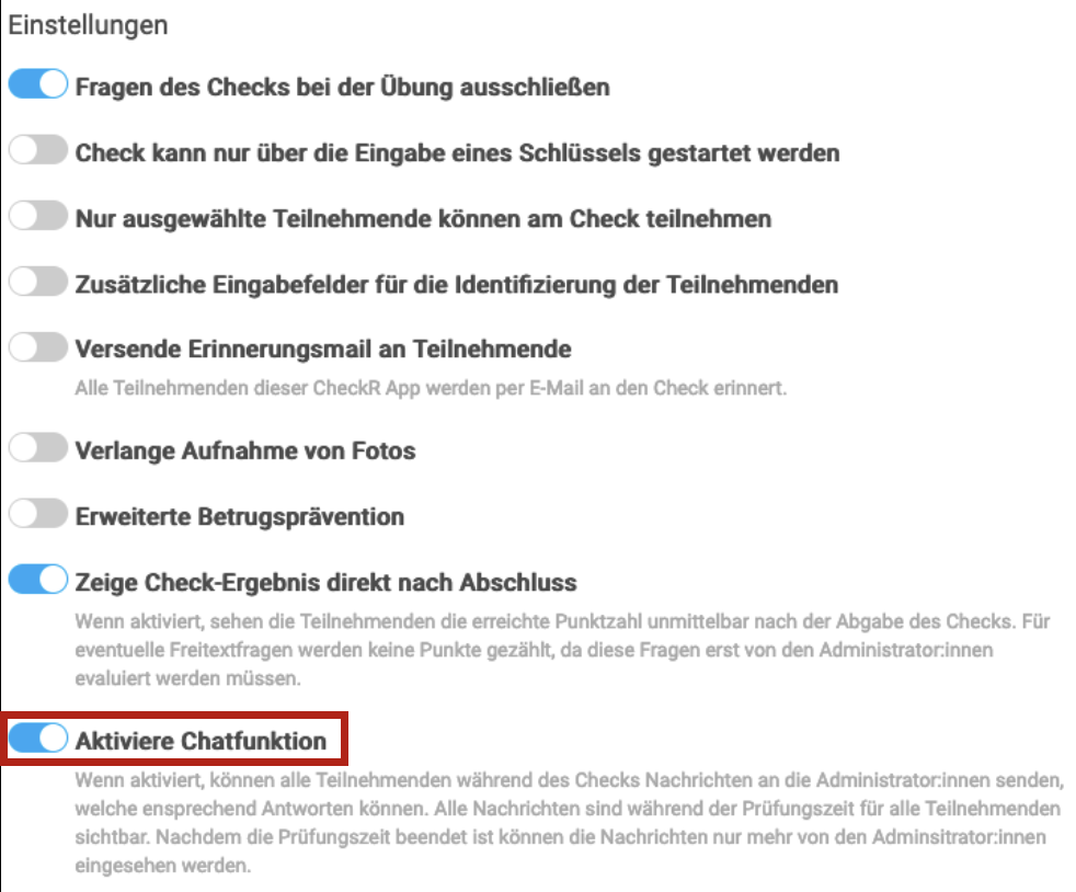 Einstellungen eines Checks; Schieberegler bei "aktiviere Chatfunktion" ist aktiviert