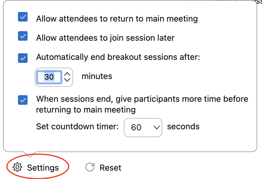 Menu for further settings such as the duration of the sessions and whether participants are allowed to go back to the main session