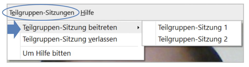 Screenshot Aussuchen der Teilgruppen-Sitzung: Menü Teilgruppen-Sitzungen - Teilgruppen-Sitzung beitreten - man kann zwischen mehreren Sitzungen auswählen