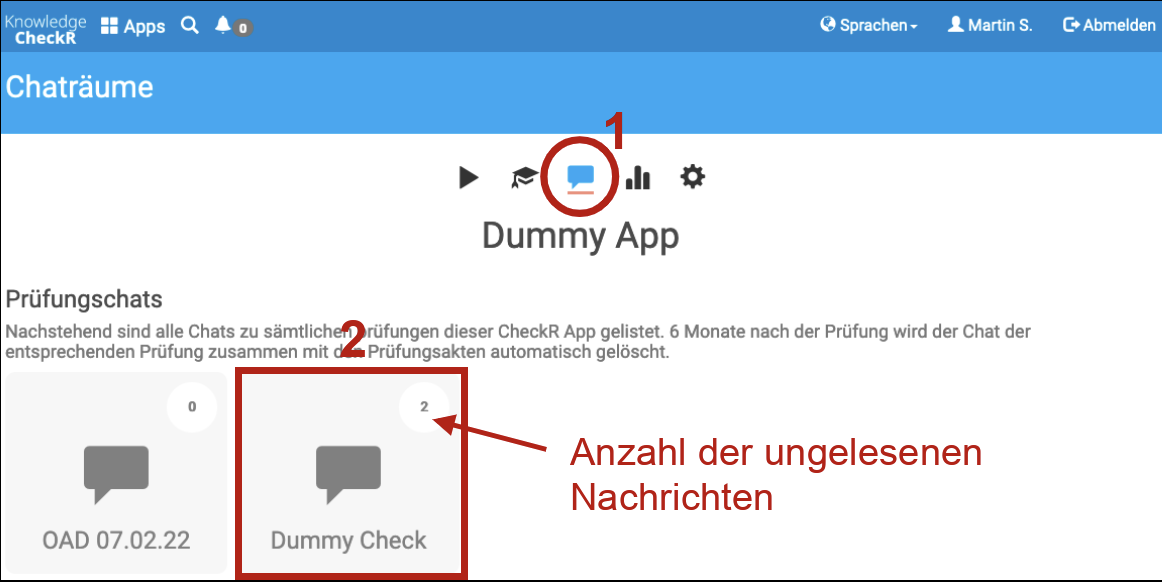 Sprechblasen-Symbol der App ist ausgewählt; Checks mir Prüfungschats werden angezeigt, eine Zahl zeigt die Anzahl der ungelesenen Nachrichten an