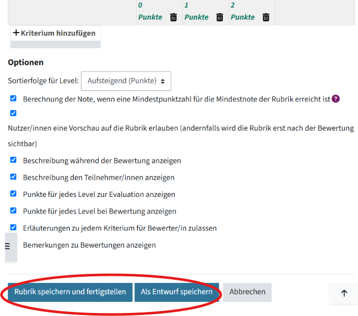 Eingekreist sind am Ende der erstellten Rubrik zwei Buttons nebeneinander: "Rubrik speichern und fertigstellen" und "Als Entwurf speichern