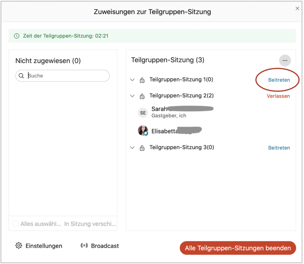 Screenshot Überblick über geöffnete Teilgruppen-Sitzungen. Man kann jeder Sitzung beitreten oder die Sitzung verlassen. Außerdem gibt es unten einen Button für Einstellungen und einen Button, der alle Teilgruppensitzungen beendet.