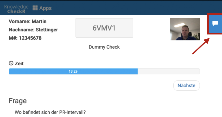 Screenshot eines Checks; mit Klick auf den Sprechblasen-Button rechts öffnet man den Chat