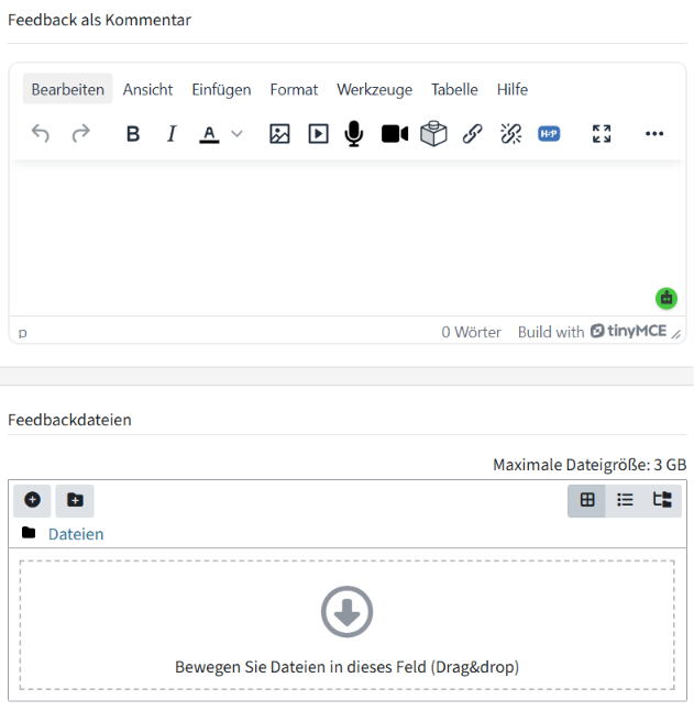 Untereinander befinden sich ein Kommentarfeld und ein Uploadfeld für unterschiedliche Feedbacktypen.