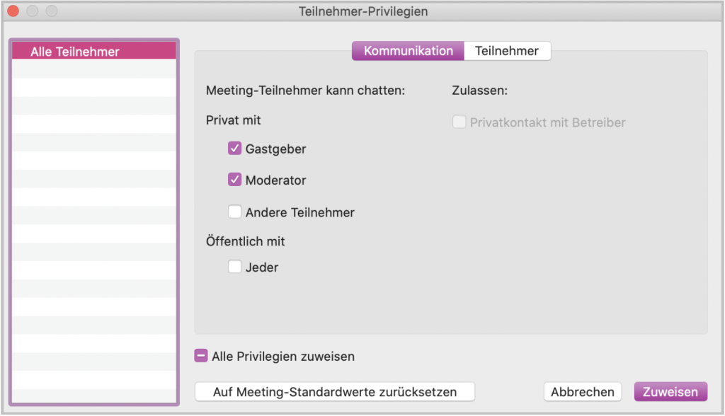 Abbildung der Teilnehmenden-Rechte, die man anpassen kann, z. B. welche Teilnehmenden miteinander chatten können