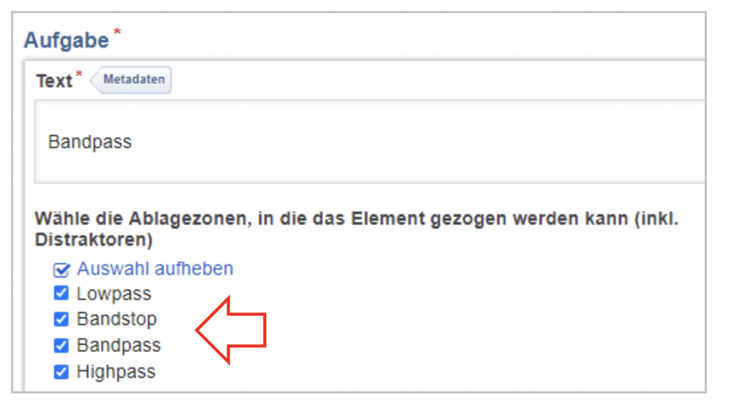 Screenshot des Anlegen einer Antwort, die Ablagezonen, in die das Element gezogen werden kann (inkl. Distraktoren) müssen gewählt werden