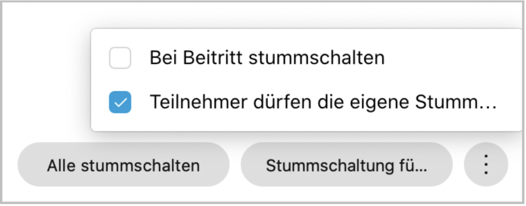 Optionen für Stummschaltungen in der Teilnehmendenliste, zum Beispiel bei Beitritt stummschalten oder Teilnehmende dürfen sich selbst laut schalten.