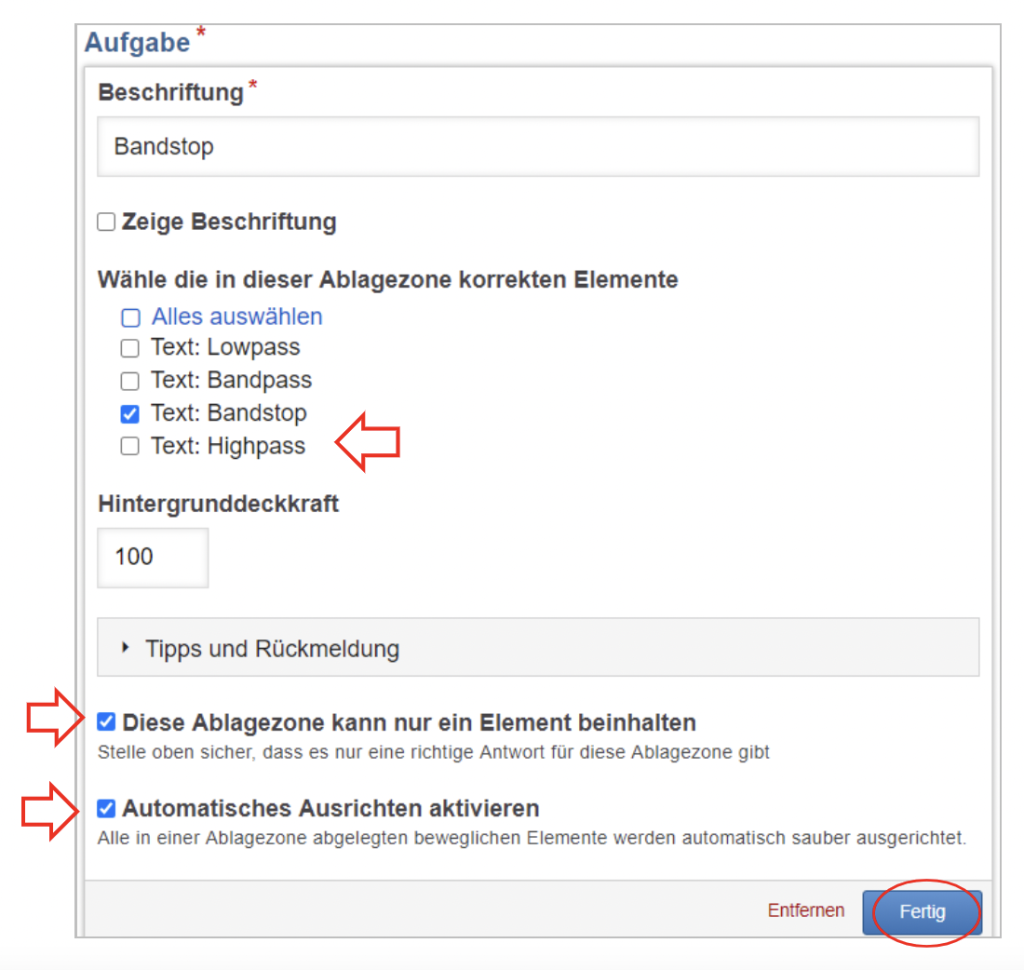 Screenshot der Einstellungen der Ablagezone, die korrekte Ablagezone ist markiert, sowie die Häkchen bei "Diese Ablagezone kann nur ein Element beinhalten" und "Automatisches Ausrichten aktiveren" sind aktiv