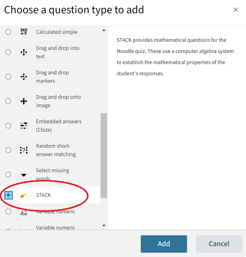 This the the menu for all question types. "Stack" is circled in.