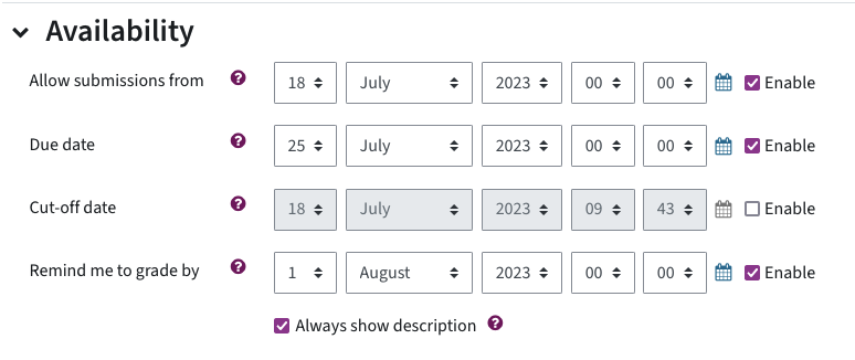 Availability settings, due date, cut-off date and reminder to grade