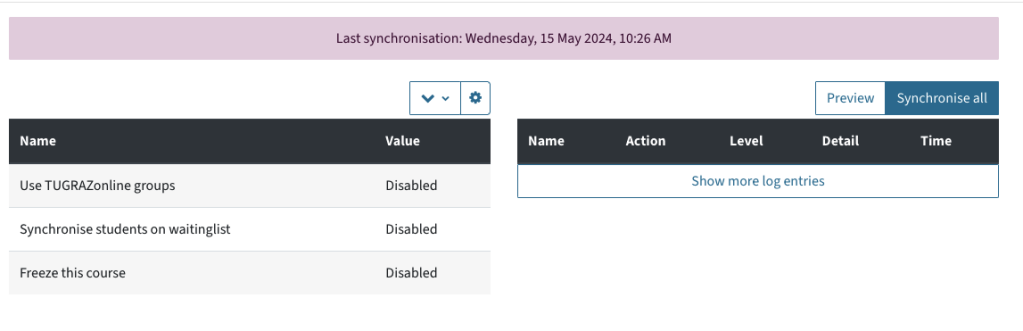 Synchronisation menu with info when last sync took place and buttons preview and synchronise all