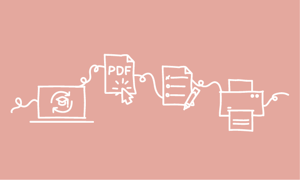 A sketch made of lines showing the process from an online exam to a printed exam