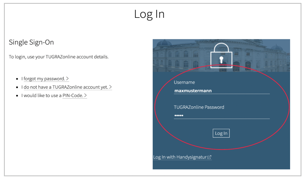 Screenshot of the log in in TUGRAZonline