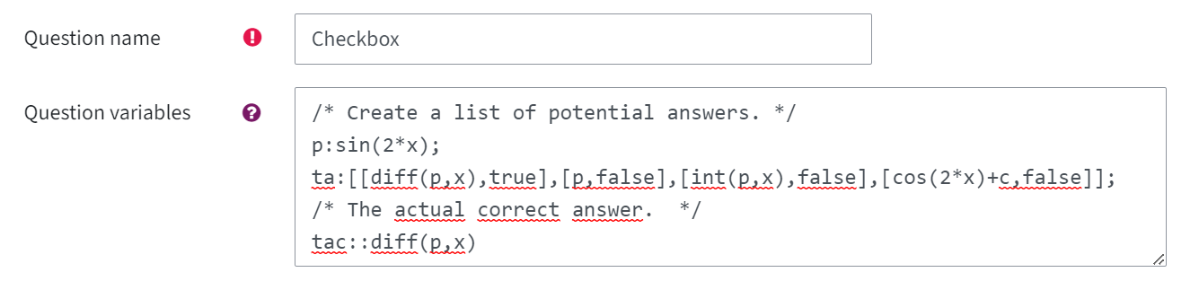 Settings for the STACK question: Here you see the question name and question variables
