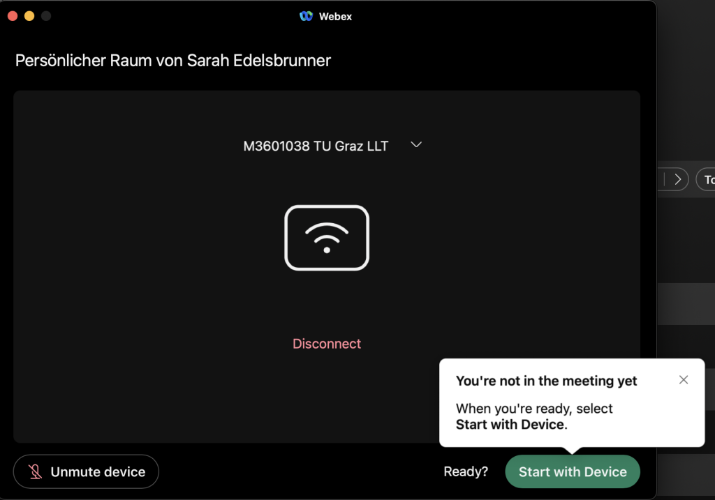 preview of the online meeting, the device has automatically connected. There is a button Start with Device