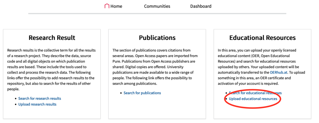 Upload educational resources button on the homepage