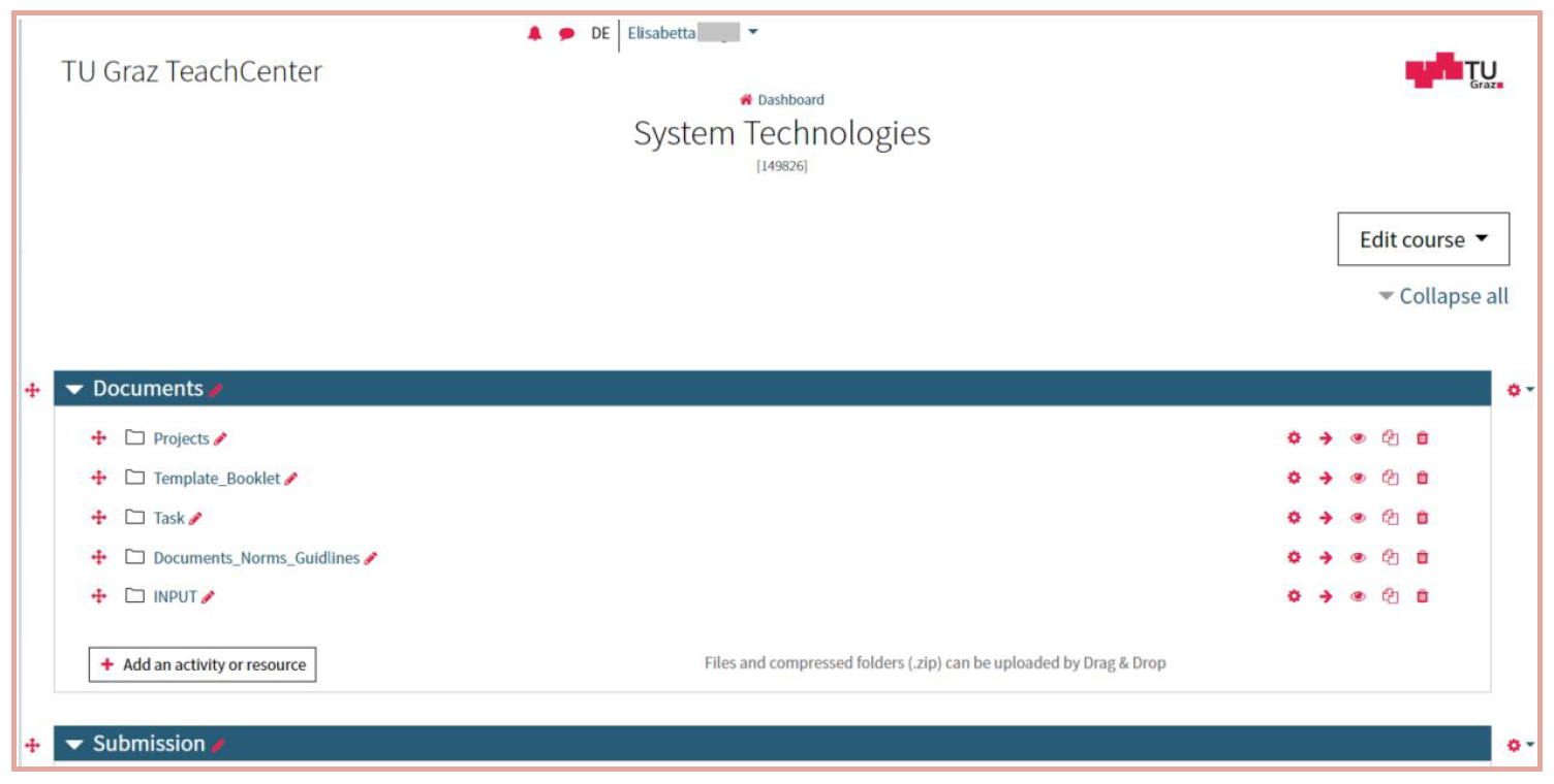 Screenshot of a TeachCenter course