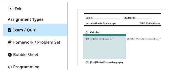 assignment types menu, exam/quiz is selected and there is a preview