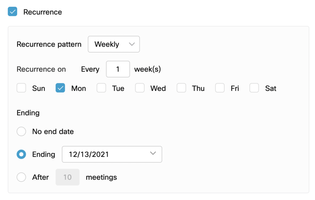 Settings include recurrence patterns, intervals, days and and ending of recurrence