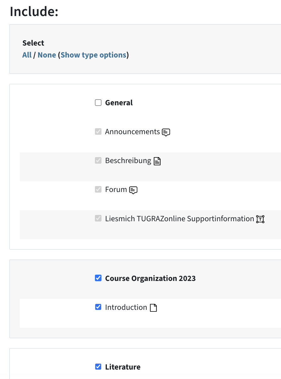 List of individual sections and items in the course, a checkbox next to them; above the option to select "All" or "None".