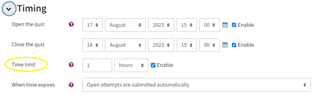 This is the setting "Timing". You can set a time and date to open and close the quiz. You can also set a time limit. The time limit is circled in. You can also set what happens when the time expires.