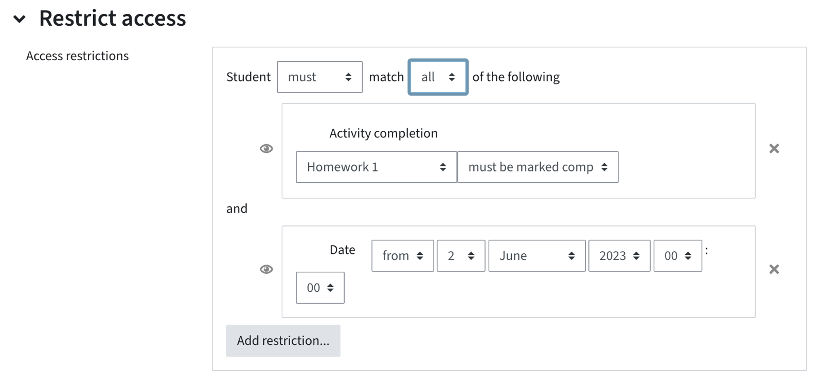 Restriction where "all" must be matched; the restrictions are connected via "and" operators