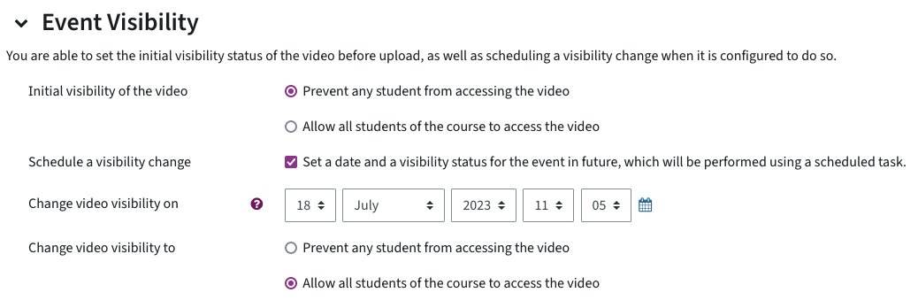 Screenshot of the menu during upload where you can set the current and later visibility