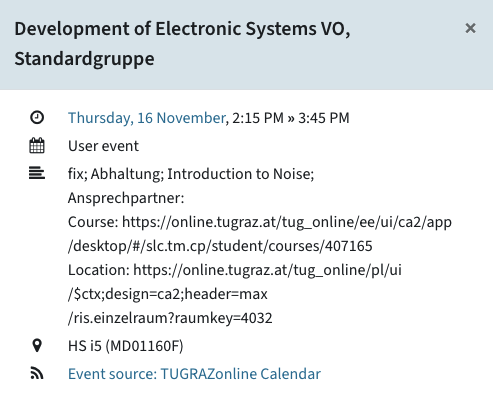Details about an event such as the place and a link to TUGRAZonline