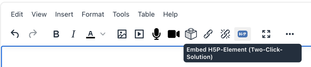 The Button embed H5P Element (Two Click Solution) in a text editor is highlighted