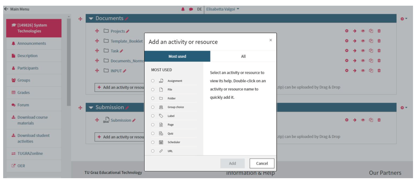Screenshot of the option "Add an activity or resource"