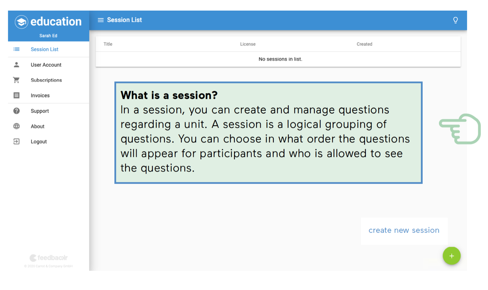 Screenshot of the menu where a new session can be created